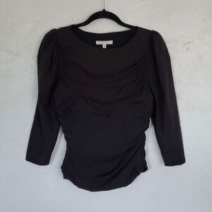 Senlis Black Rouched Shirt with Slightly Puff Sleeves